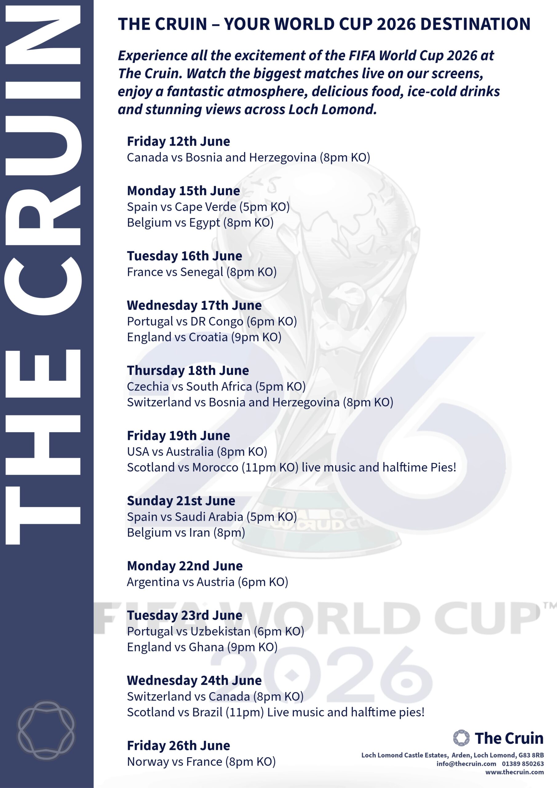 World Cup 2026 games being shown live here at The Cruin